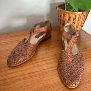 Vintage Brown Leather Woven Mary Jane Flats
